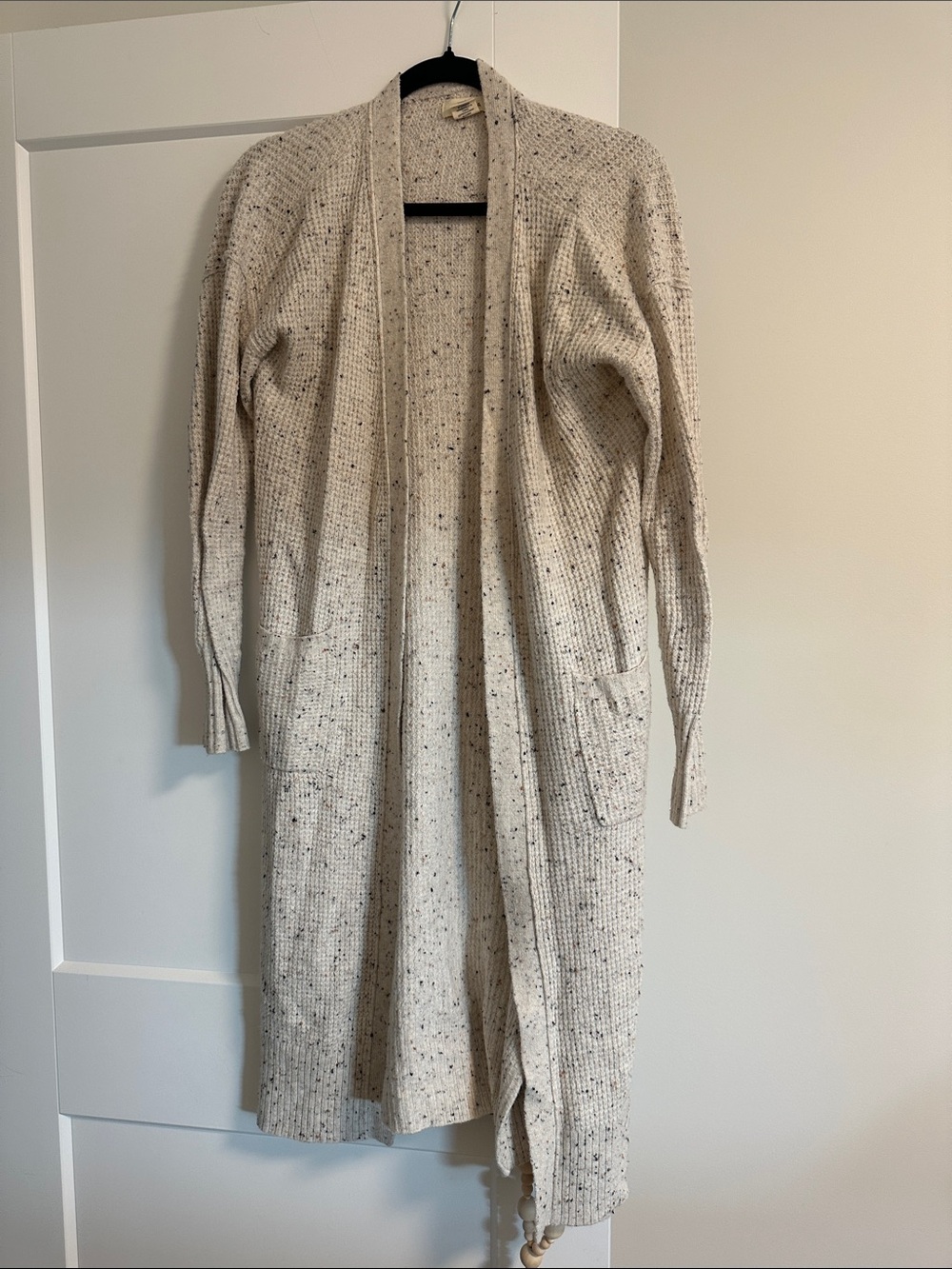 Long Open-Front Cream Speckle Knit Cardigan with Pockets